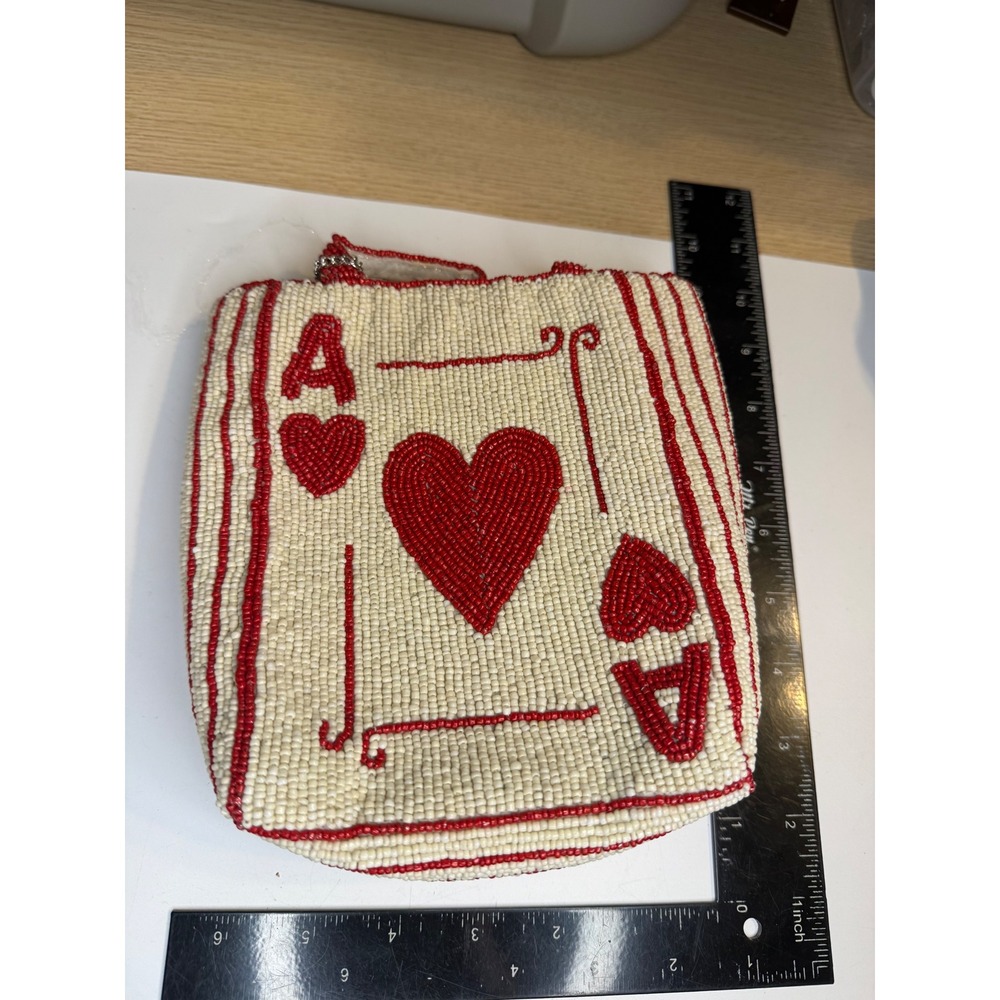 Ace Queen of Hearts Beaded Evening Bag Red White Playing Card Clutch Purse